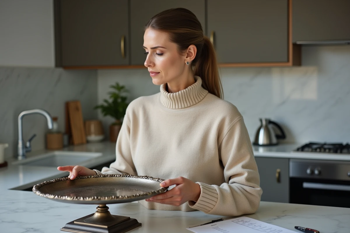 Femme vérifiant un plateau en argent dans une cuisine moderne