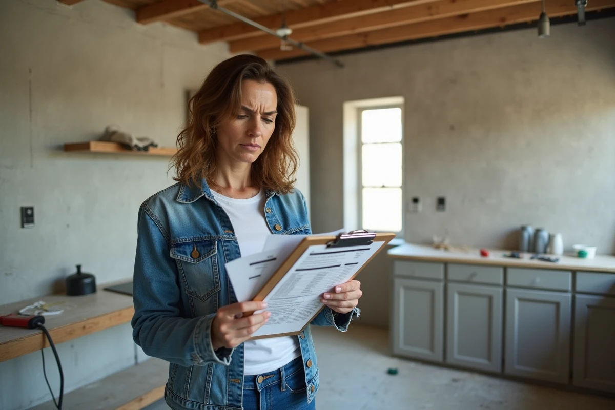 Femme examinant des devis d'artisans dans une cuisine en cours de rénovation
