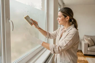 Femme appliquant un film adhésif occultant sur une fenêtre de salon sans percer le mur