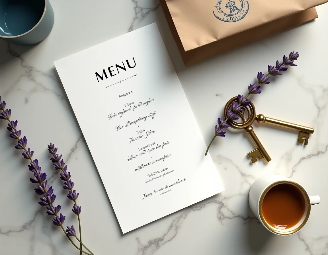 Flat-lay élégant d'objets de boutique sur marbre usé : tasse, carte manuscrite, clé en laiton et lavande séchée