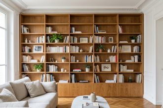 Grande bibliothèque intégrée du sol au plafond dans un séjour parisien avec parquet en chevrons et canapé en lin