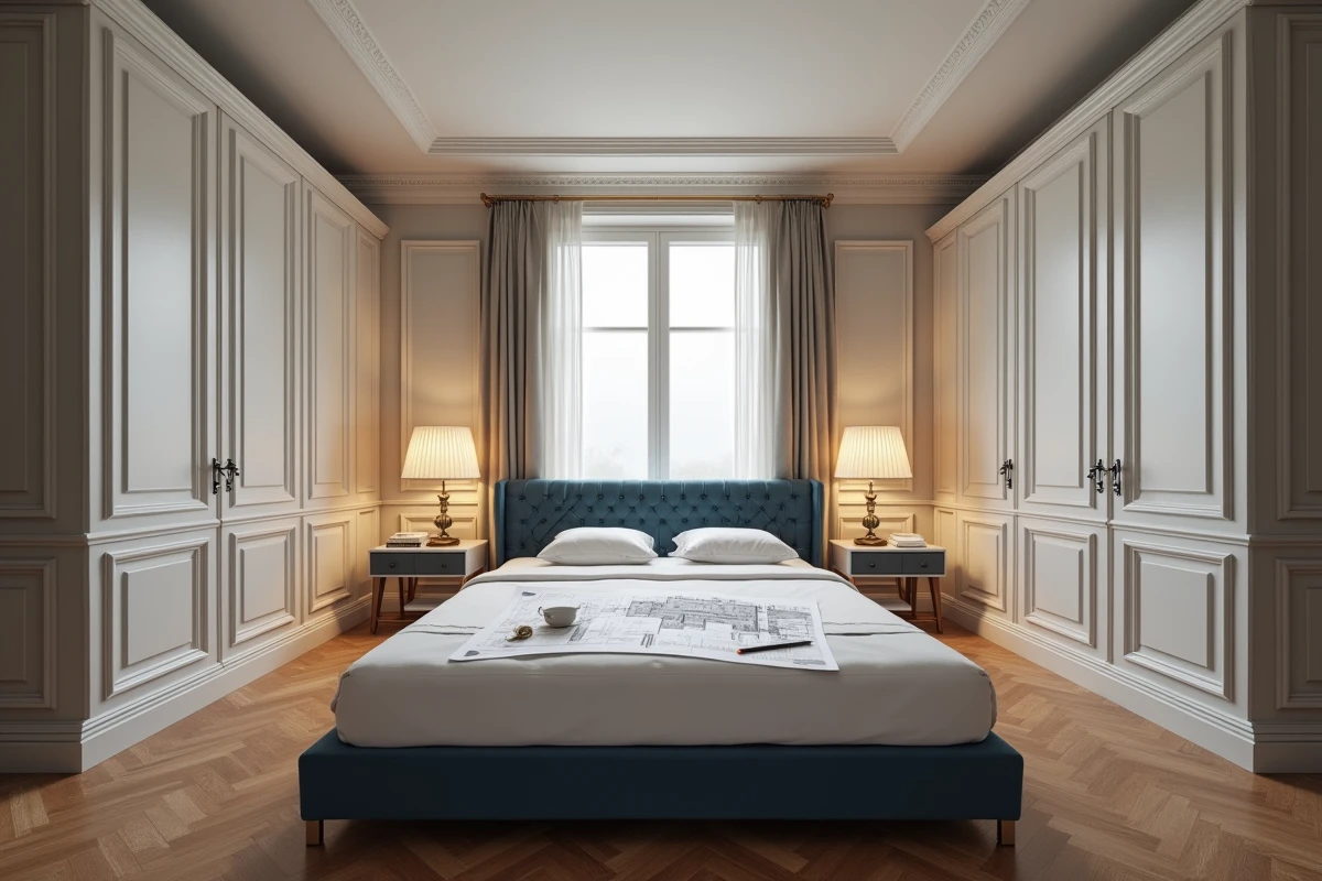 Grande chambre traditionnelle avec lit king-size et plan architectural illustrant les dimensions idéales