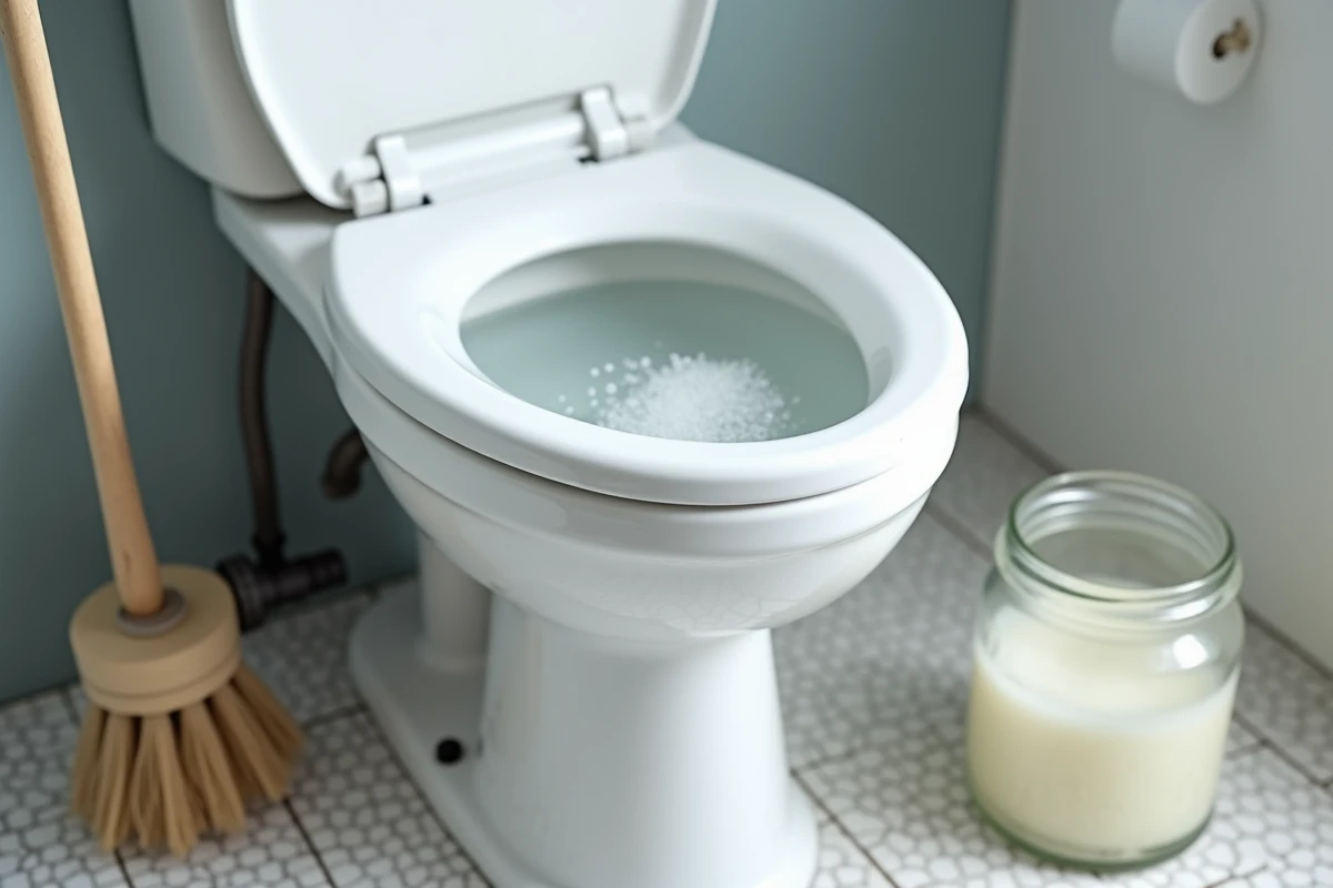 Gros plan sur un sanibroyeur relié à des toilettes avec une solution maison effervescente de vinaigre pour le débouchage