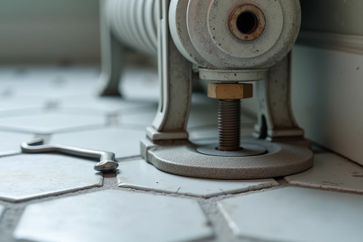 Gros plan sur le mécanisme fileté d'un pied réglable en fonte pour radiateur sur carrelage inégal