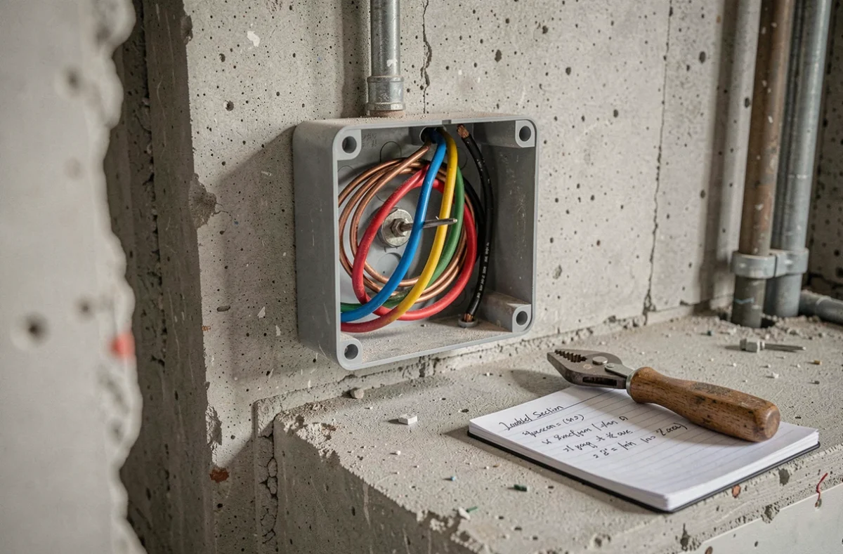 Gros plan sur un tableau de dérivation électrique avec câbles de sections variées en cours de rénovation