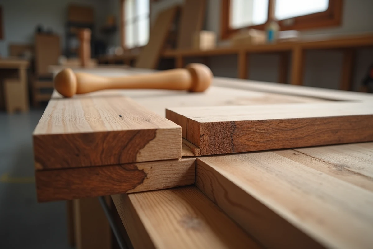 Gros plan sur un assemblage tenon-mortaise en bois de chêne et noyer avec maillet et ciseaux d'atelier