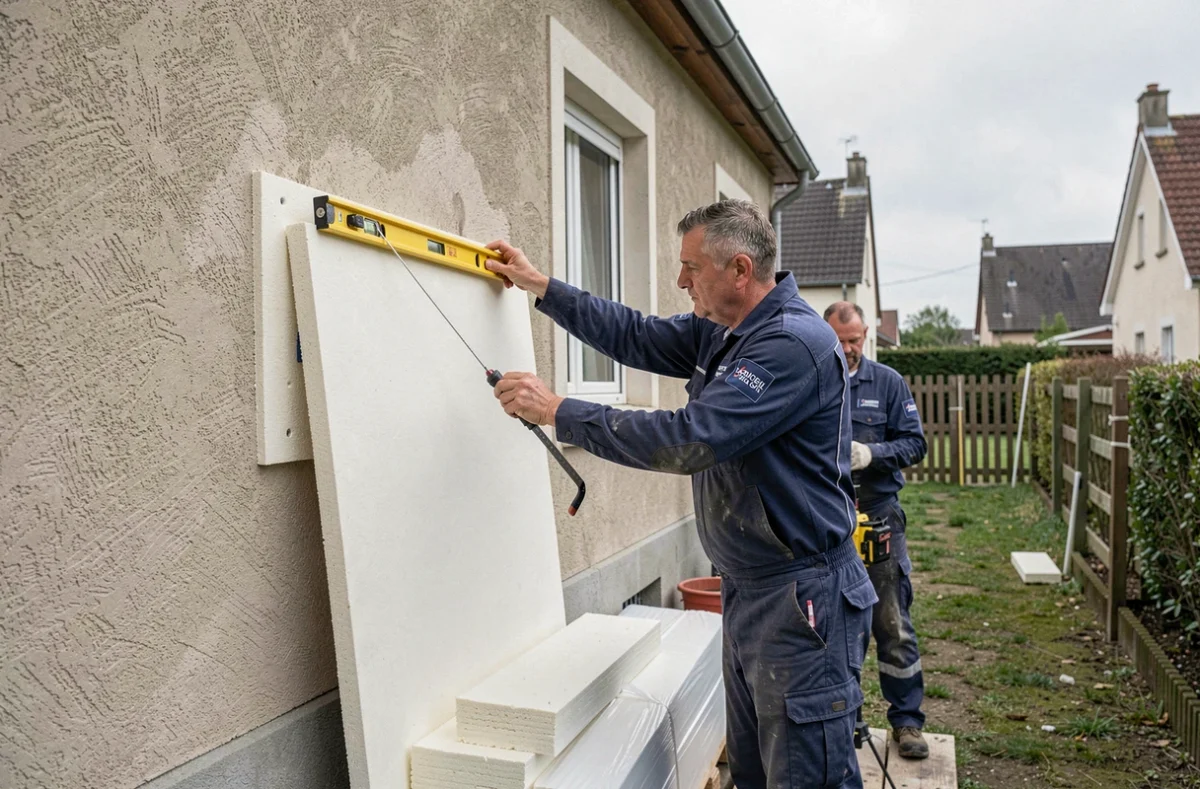 Spécialiste en rénovation énergétique posant des panneaux isolants sur une maison résidentielle dans l'Oise