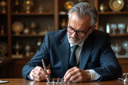 Homme en costume navy inspectant de l'argenterie avec loupe