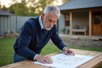 Homme étudiant un plan de maison en extérieur
