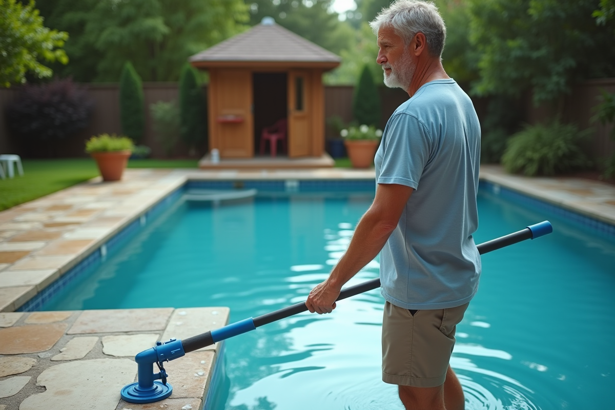 Homme d age moyen au bord de la piscine en été