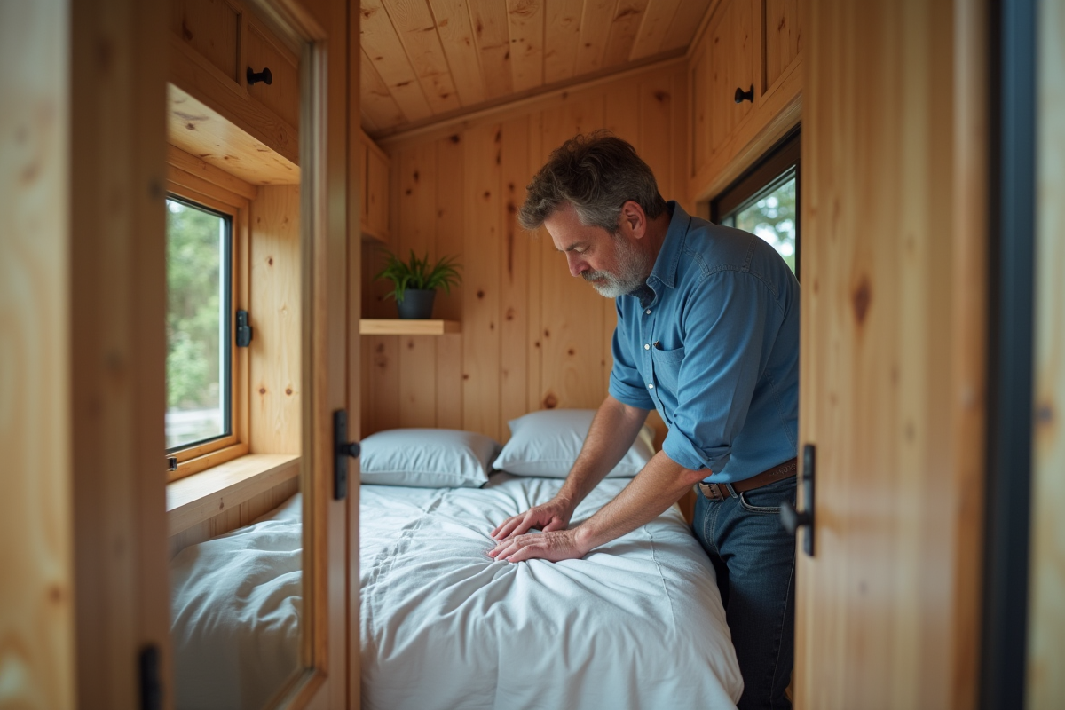 Homme en train de border un lit dans une petite cabane chaleureuse
