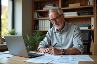Homme consultant des devis de travaux sur un bureau avec documents imprimés et ordinateur portable