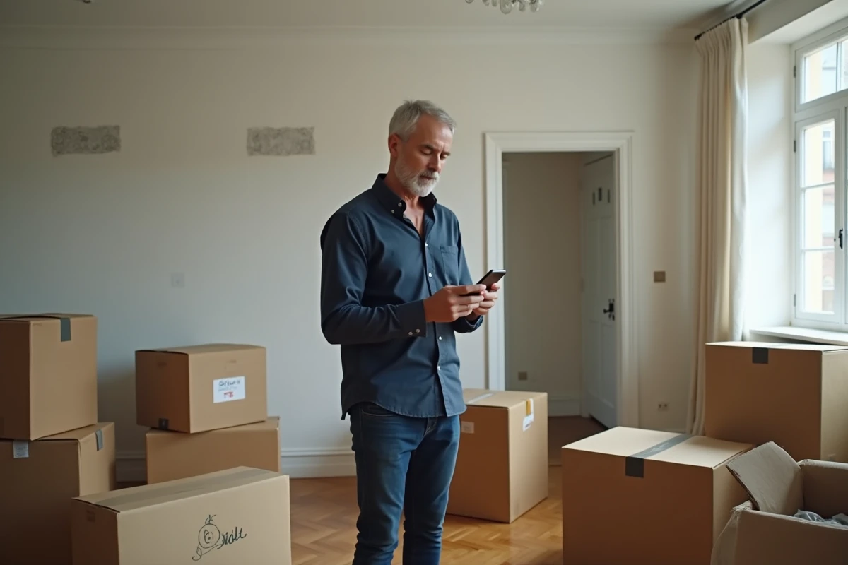 Homme dans un salon en cours de déménagement comparant des offres de fournisseurs d'énergie sur son smartphone
