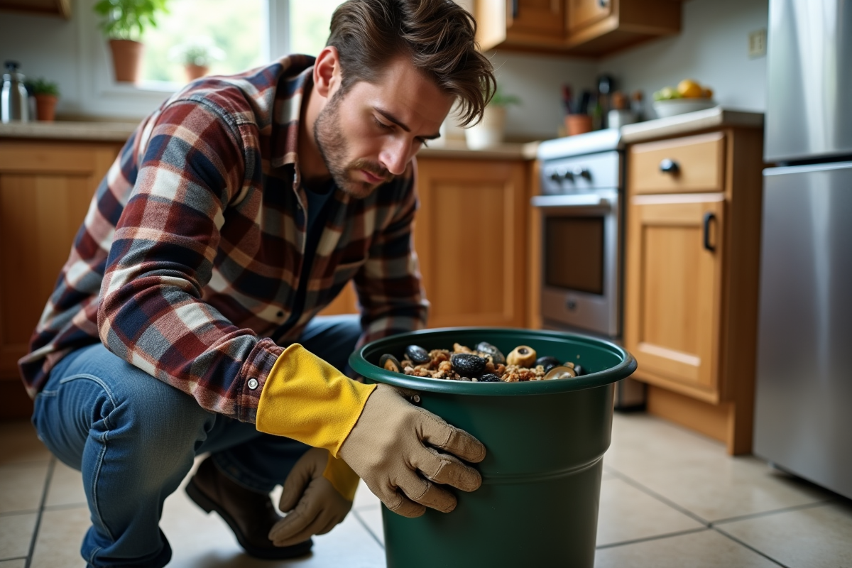 Homme triant des coquilles de moules dans un compost de cuisine