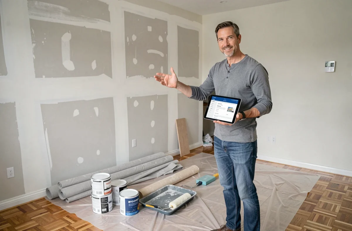 Homme consultant un devis de rénovation sur tablette dans un salon en cours de travaux avec murs en plâtre