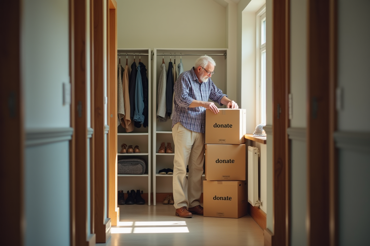Homme âgé empilant des cartons dans un couloir lumineux
