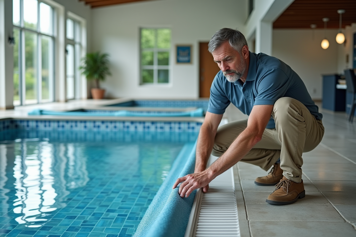 Homme inspectant un liner de piscine dans un showroom intérieur