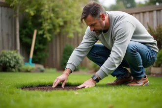 Homme d'âge moyen touchant le nouveau gazon dans son jardin