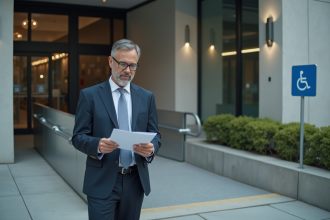 Homme d affaires lisant un guide accessibilite devant une entree