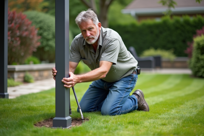 Homme en jeans fixant la base du gazebo dans le jardin