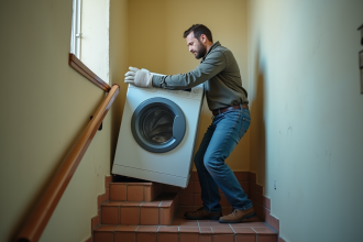 Homme en jeans et gants déplaçant un lave-linge dans un escalier étroit