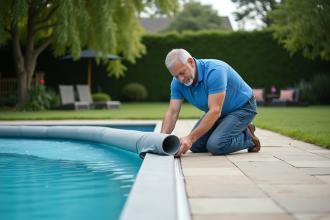 Homme en jeans et polo bleu pose une couverture piscine extérieure