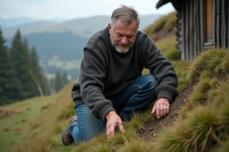 Homme norvegien en laine sur un toit en herbe