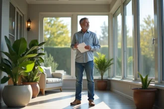 Homme en jeans dans une véranda lumineuse et moderne