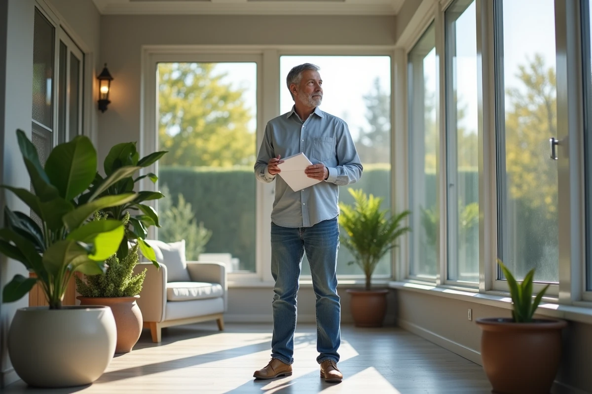 Homme en jeans dans une véranda lumineuse et moderne