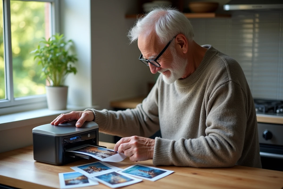 Homme ajustant une imprimante photo dans la cuisine