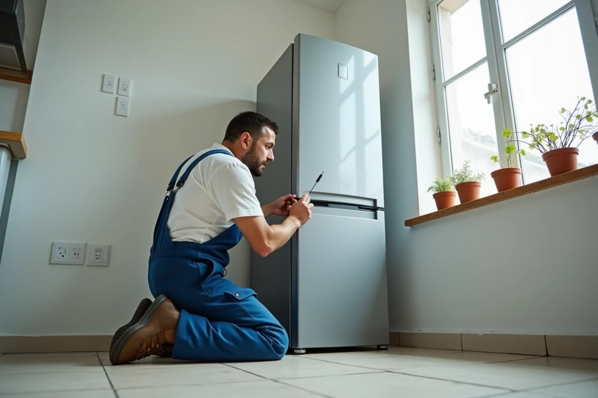 Homme en tenue de travail inspectant un frigo avec un tournevis