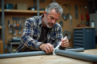 Homme moyen âge appliquant de la colle sur un tuyau en atelier