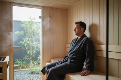 Homme en robe de lin dans un sauna moderne et chaleureux
