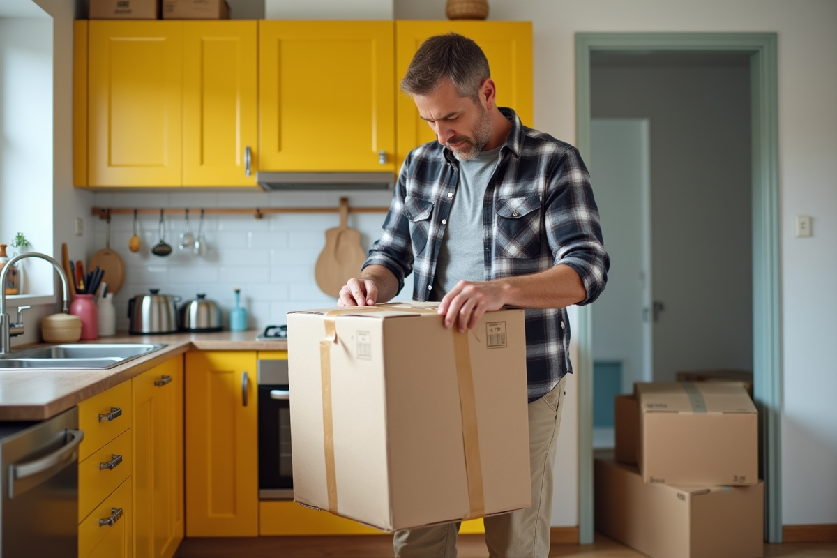 Homme scellant une grande boîte dans la cuisine lumineuse