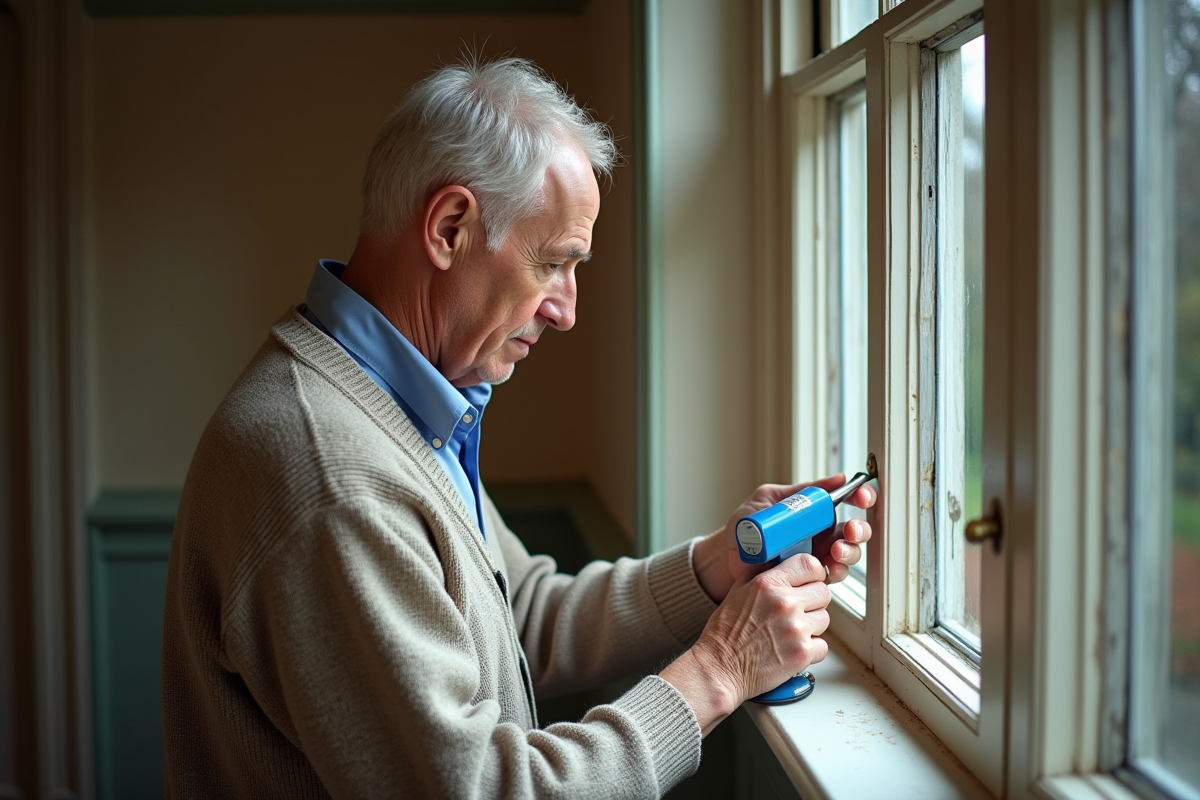 Homme scellant une fenêtre ancienne avec un pistolet à calfeutrer