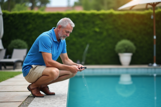 Homme testant l'eau de la piscine avec un kit de mesure