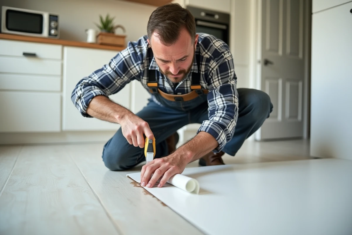 Homme coupant un rouleau de PVC dans une cuisine rénovée