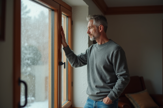 Homme d'âge moyen vérifiant une fenêtre à double vitrage dans le salon