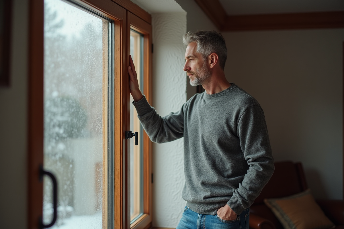 Homme d'âge moyen vérifiant une fenêtre à double vitrage dans le salon