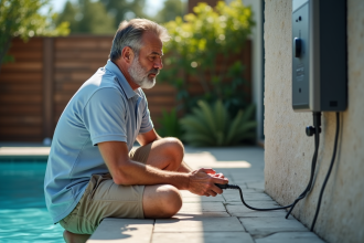 Homme d'âge moyen vérifiant une pompe à chaleur de piscine extérieure