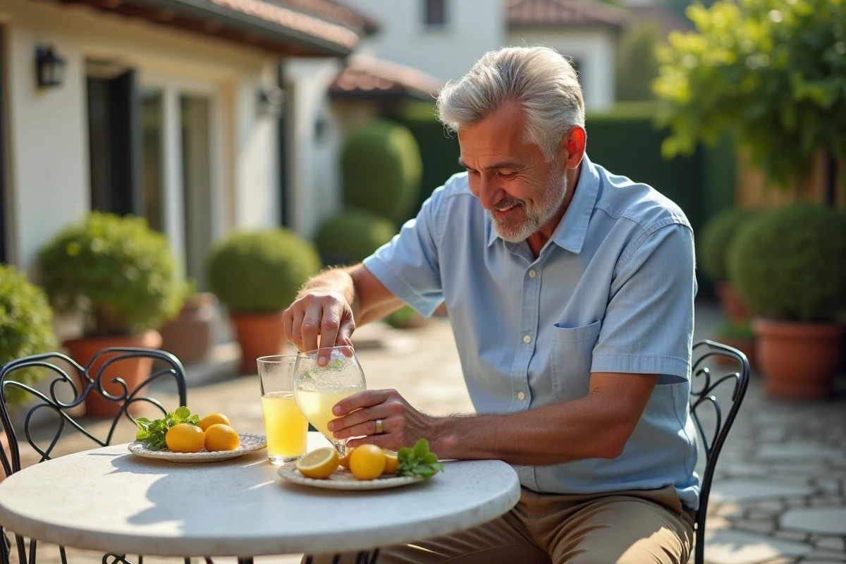 Homme âgé versant de la limonade sur une nappe de table extérieure