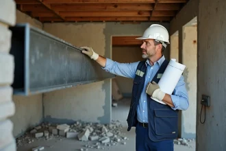 Ingénieur en structure inspectant un IPN métallique posé sur un mur porteur lors de travaux de rénovation intérieure