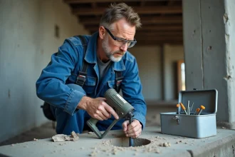 Ouvrier injectant du ciment chimique dans un trou de béton avec un pistolet à cartouche professionnel sur un chantier de construction