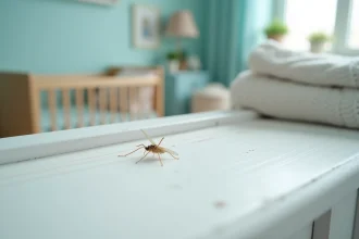 Gros plan macro d'un petit insecte transparent sur le rebord de fenêtre d'une chambre d'enfant