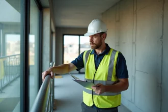 Inspecteur de chantier vérifiant la conformité d'un garde-corps selon la norme NF P01-012 lors de la réception des travaux