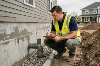 Inspecteur en bâtiment examinant le drainage en fondation d'une maison neuve lors d'un contrôle de conformité