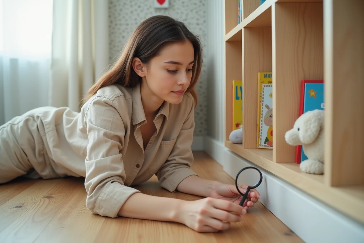 Femme inspectant les coins d'une chambre d'enfant pour détecter la présence de petits insectes transparents