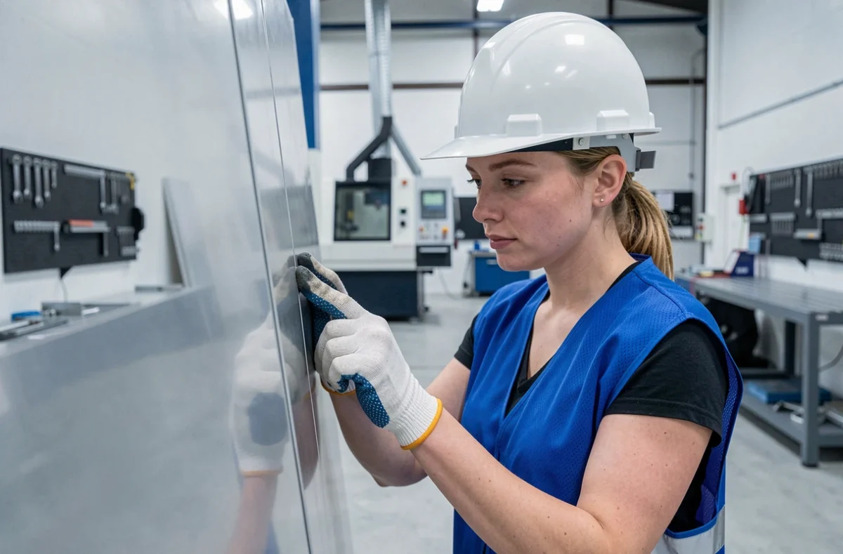 Ingénieure inspectant la précision d'une découpe de tôle en aluminium dans un atelier de fabrication moderne