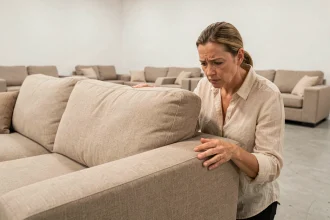 Femme inspectant la qualité d'un canapé en tissu beige dans un showroom Poltronesofa