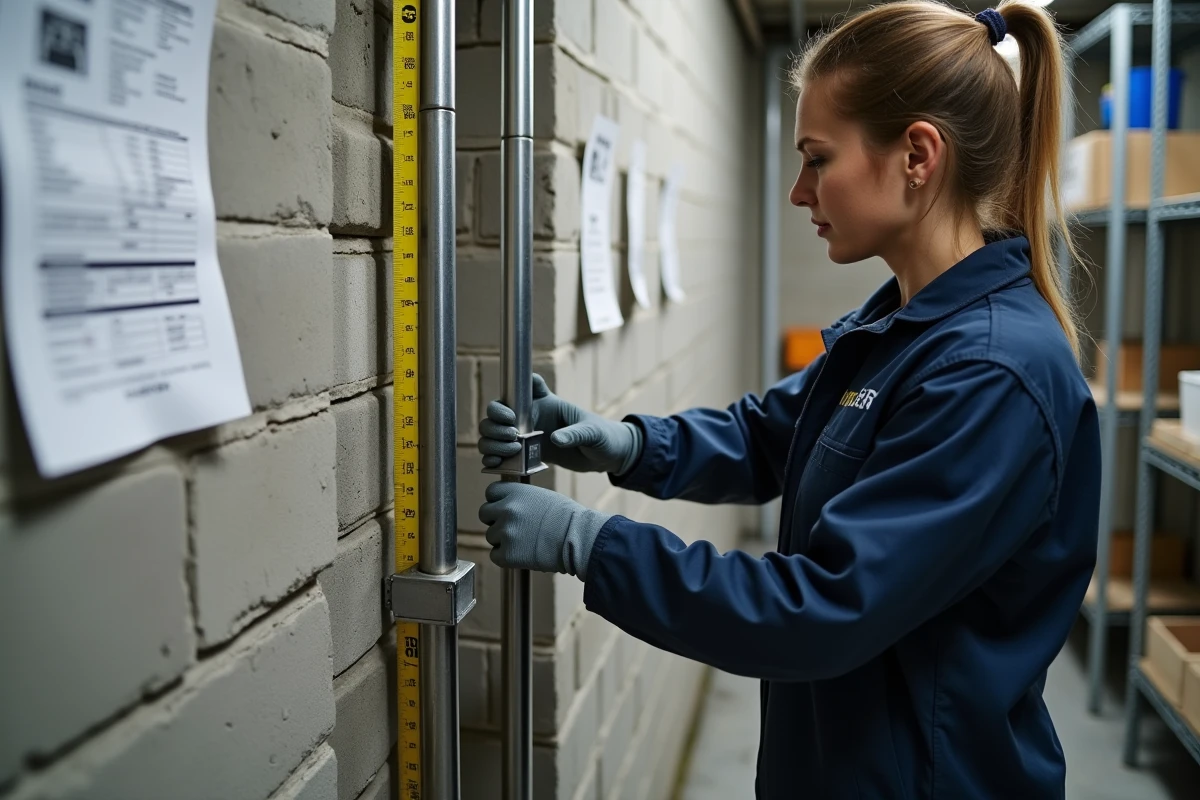 Technicienne inspectant des tiges filetées ancrées au ciment chimique sur un mur en béton dans un sous-sol avec fiche technique visible